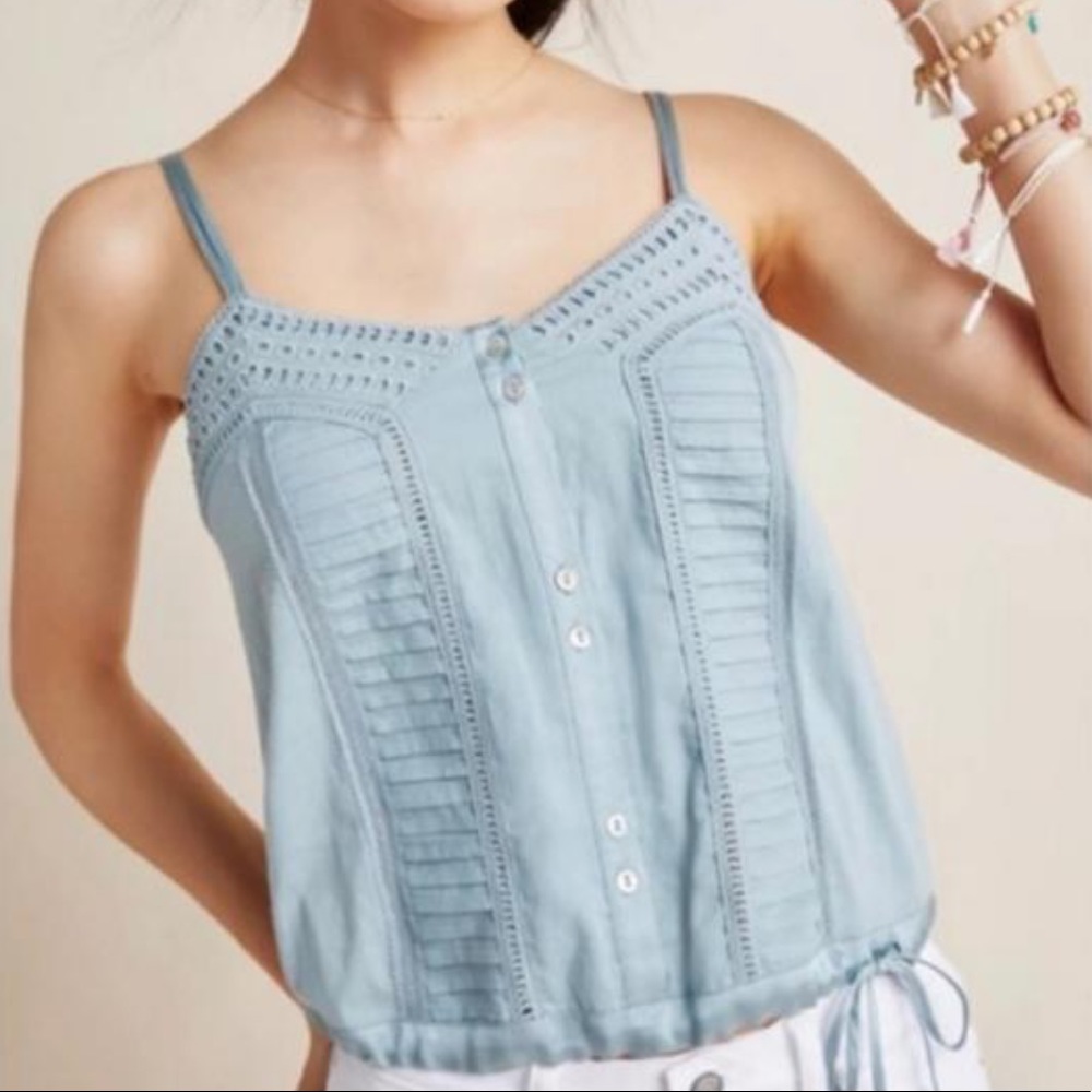 Anthropologie light blue tank with lace embroidery details